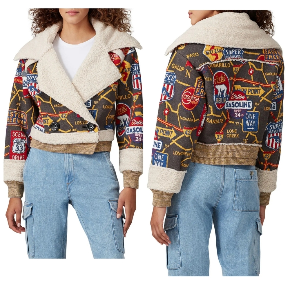 SOSKEN | January tapestry road map knit sherpa button close biker jacket - Picture 1 of 15